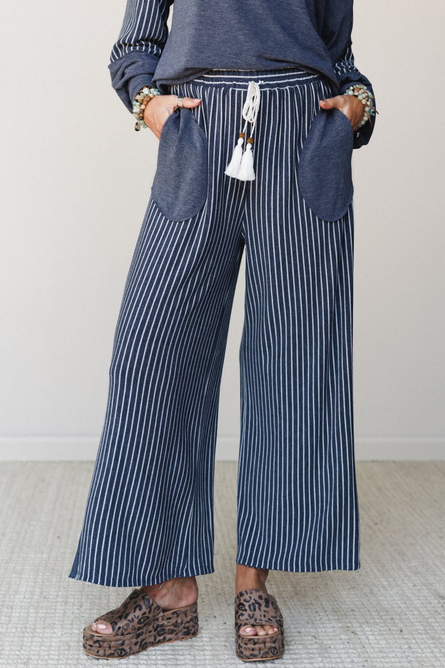 Real Teal Raw Seam Patchwork Long Sleeve Top Pocket Casual Pants 2pcs Set