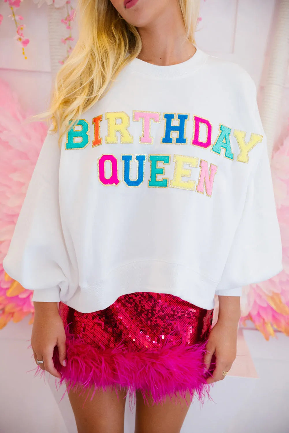 White BIRTHDAY QUEEN Graphic Balloon Sleeve Sweatshirt - Chic Meadow Boutique 