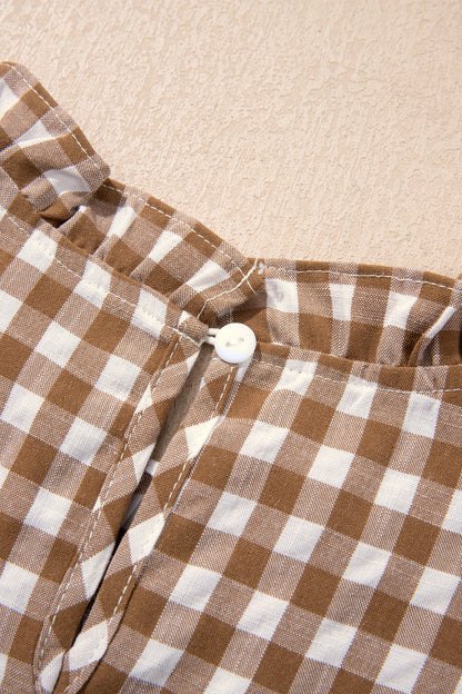 Brown 3/4 Sleeve Shirred Plaid Peplum Top