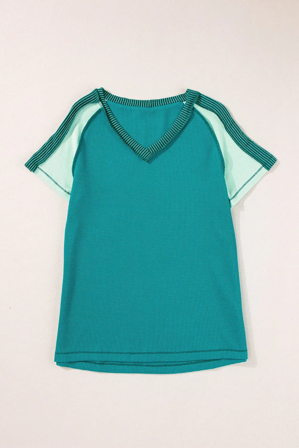 Green Exposed Seam Color Block Knitted V Neck T-shirt - Chic Meadow Boutique 