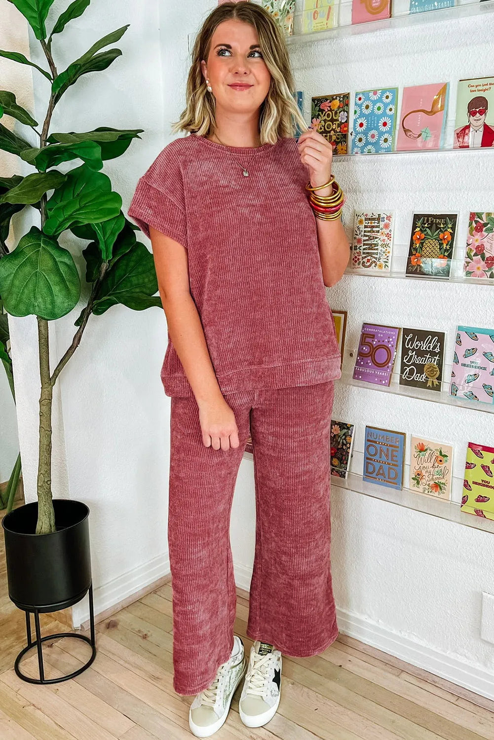 Rose Pink Mineral Wash Corduroy Short Sleeve and Crop Pants Set - Chic Meadow Boutique 