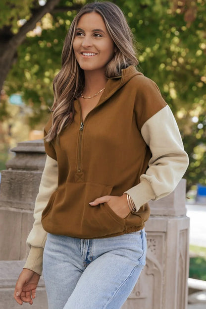 Chestnut Color Block Half Zip Kangaroo Pocketed Hoodie - Chic Meadow Boutique 