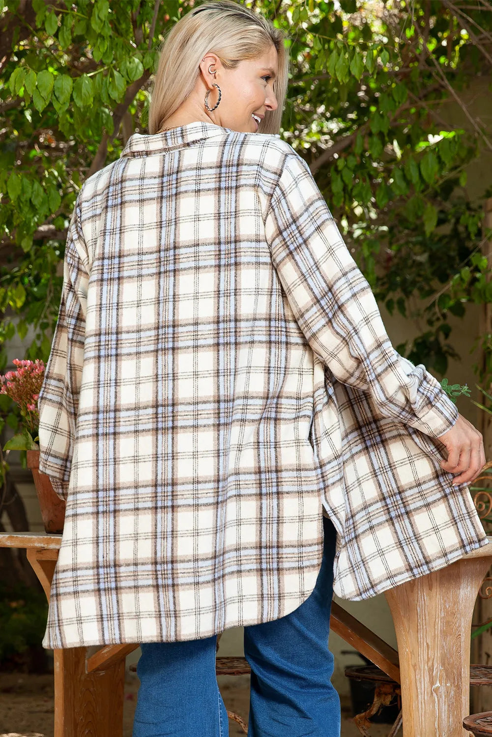 White Plaid Print Tunic Plus Size Shacket with Slits - Chic Meadow Boutique 