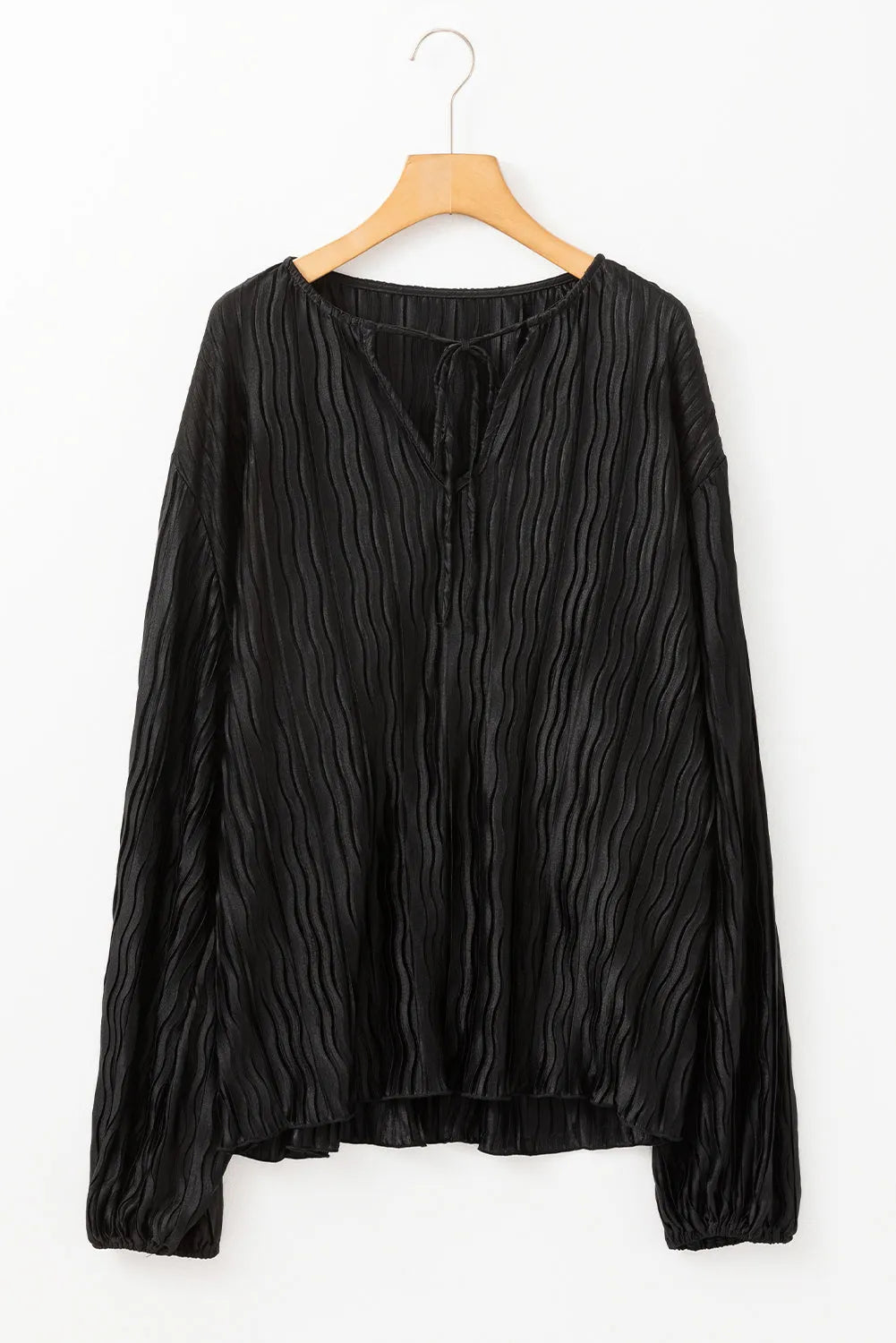 Black Textured Bubble Sleeve V Neck Loose Blouse - Chic Meadow Boutique 