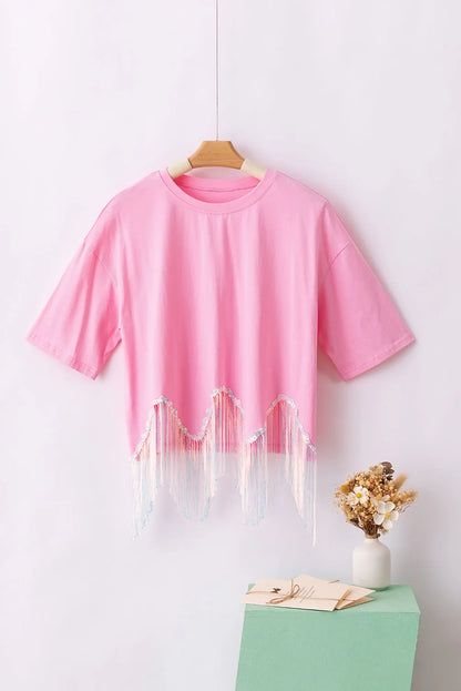 Pink Fringed Sequin Crop T-shirt - Chic Meadow Boutique 