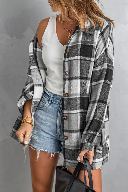 Gray Plaid Print Buttoned Shirt Jacket - Chic Meadow Boutique 