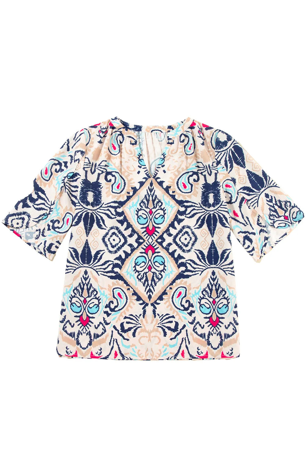 White Abstract Printed Notched V Neck Split Half Sleeve Blouse - Chic Meadow Boutique 