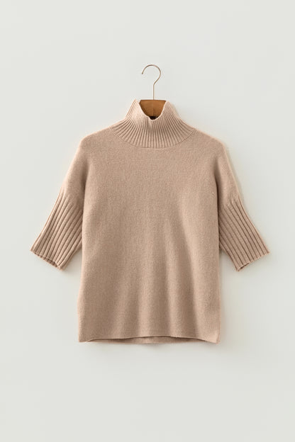 Beige Ribbed Trim High Neck Short Sleeve Casual Sweater