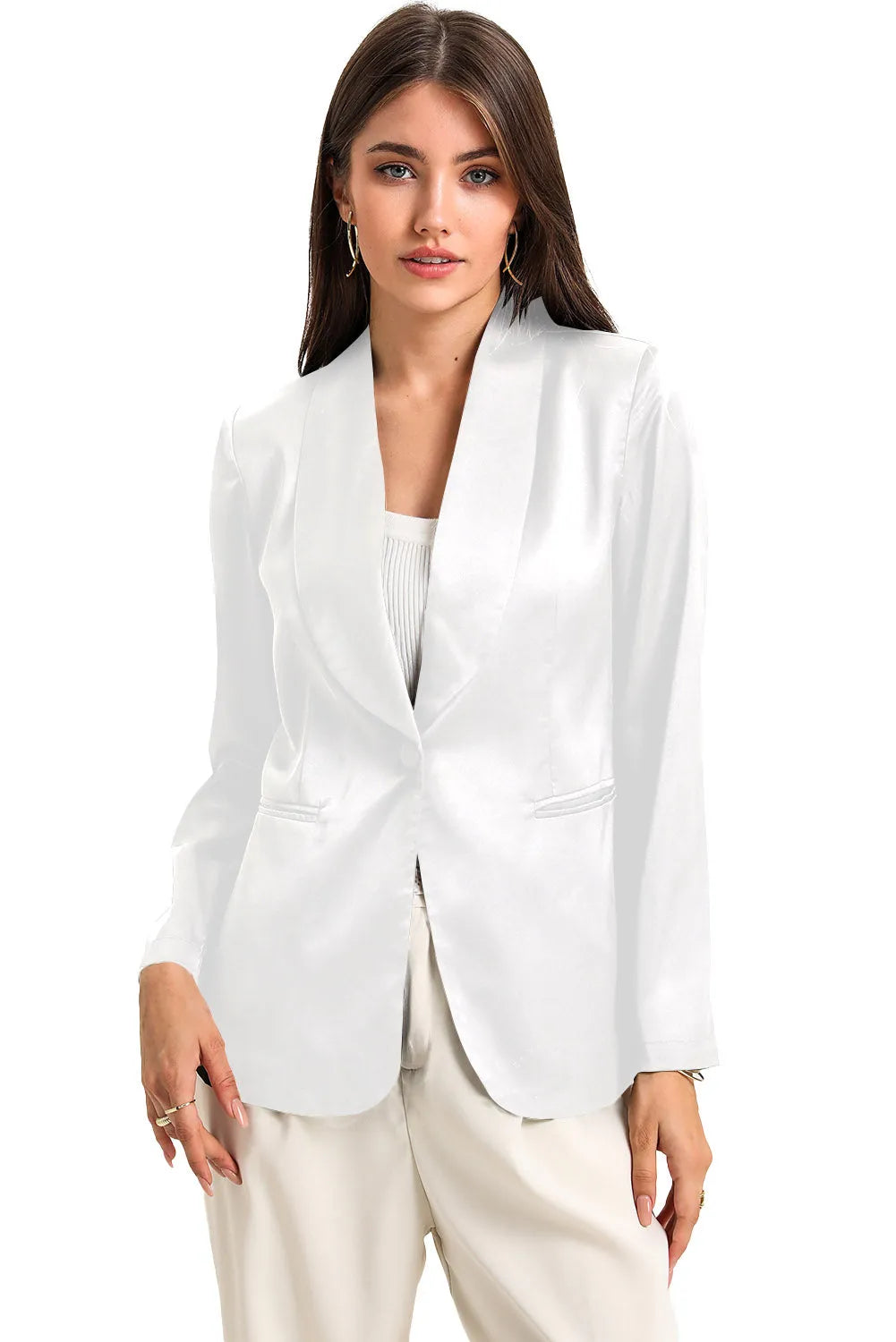 White Collared Neck Single Breasted Blazer with Pockets - Chic Meadow Boutique 