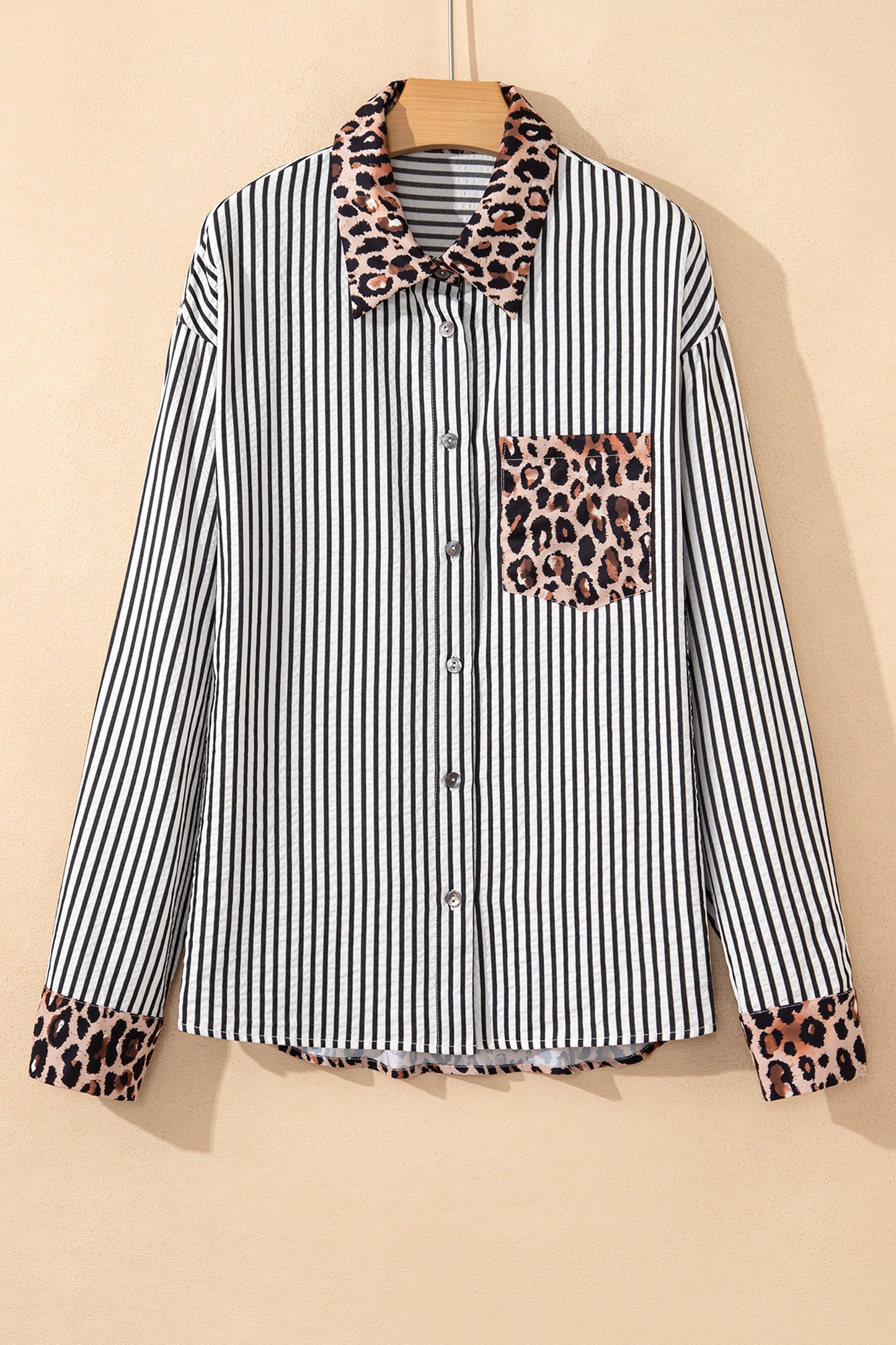 Black Striped Leopard Print Patchwork Button Up Womens Shirt