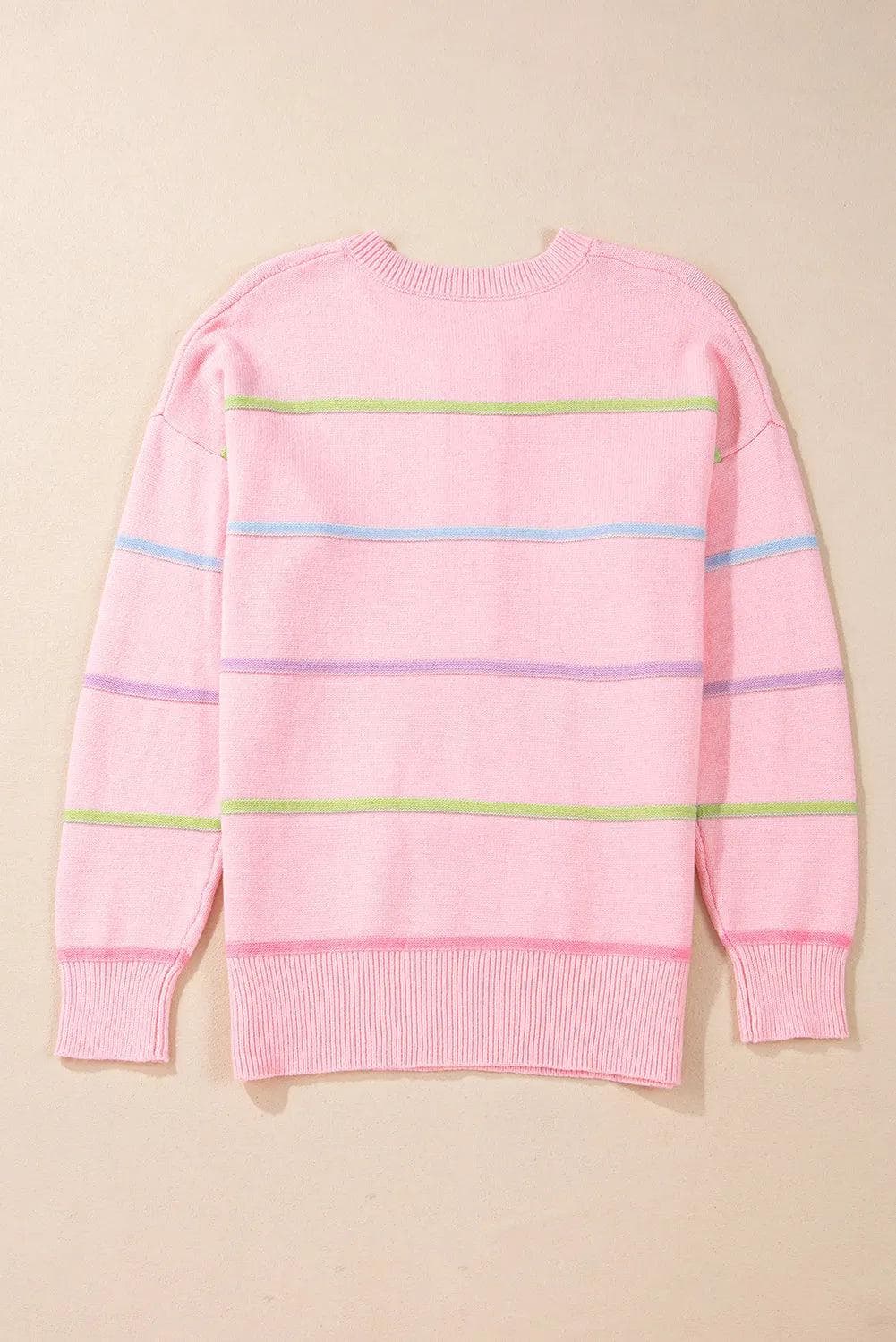 Sweaters & Cardigans/Sweaters Pink Rainbow Stripes Drop Shoulder Baggy Henley Sweater