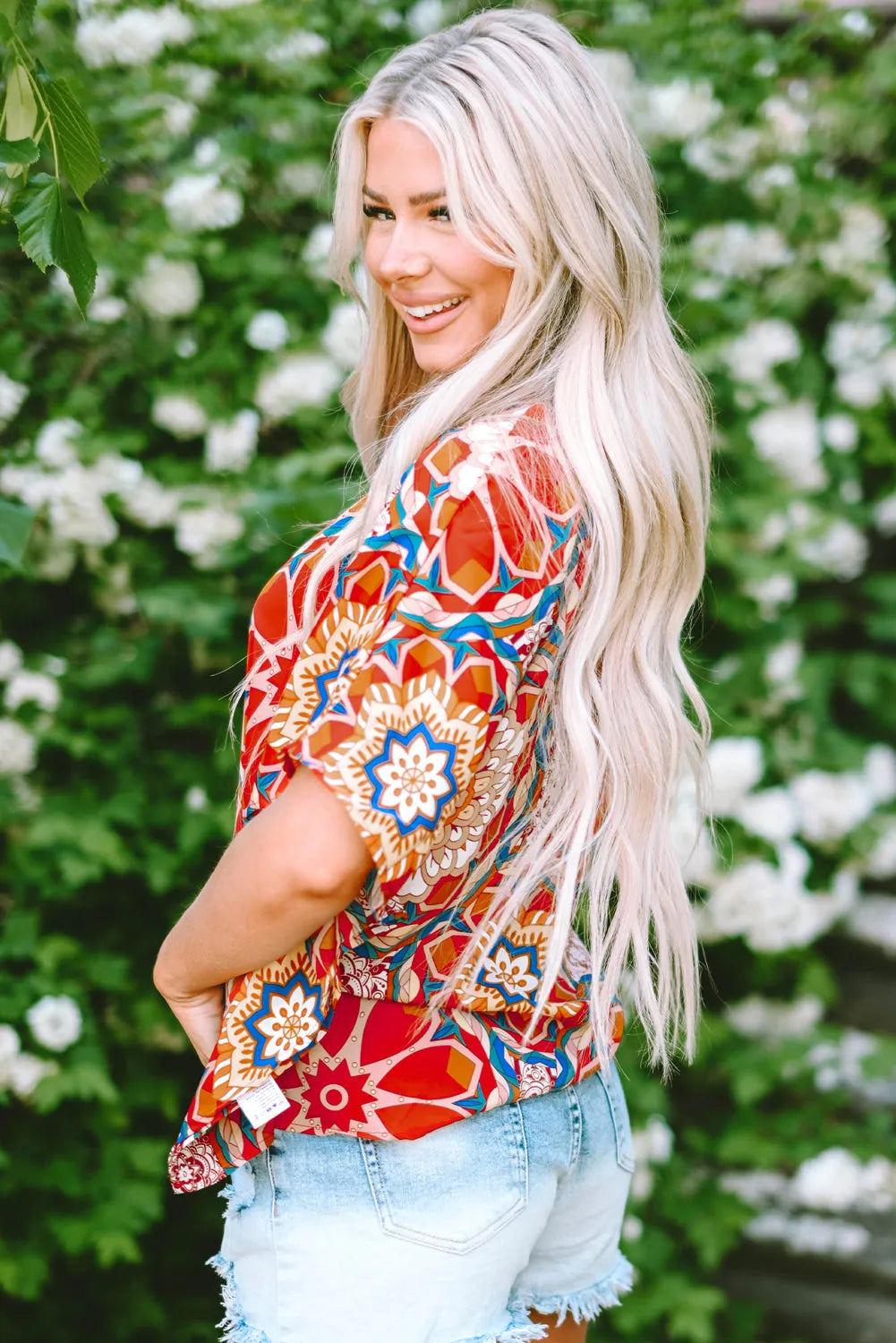 Red Floral Print Batwing Sleeve V Neck Blouse - Chic Meadow Boutique 