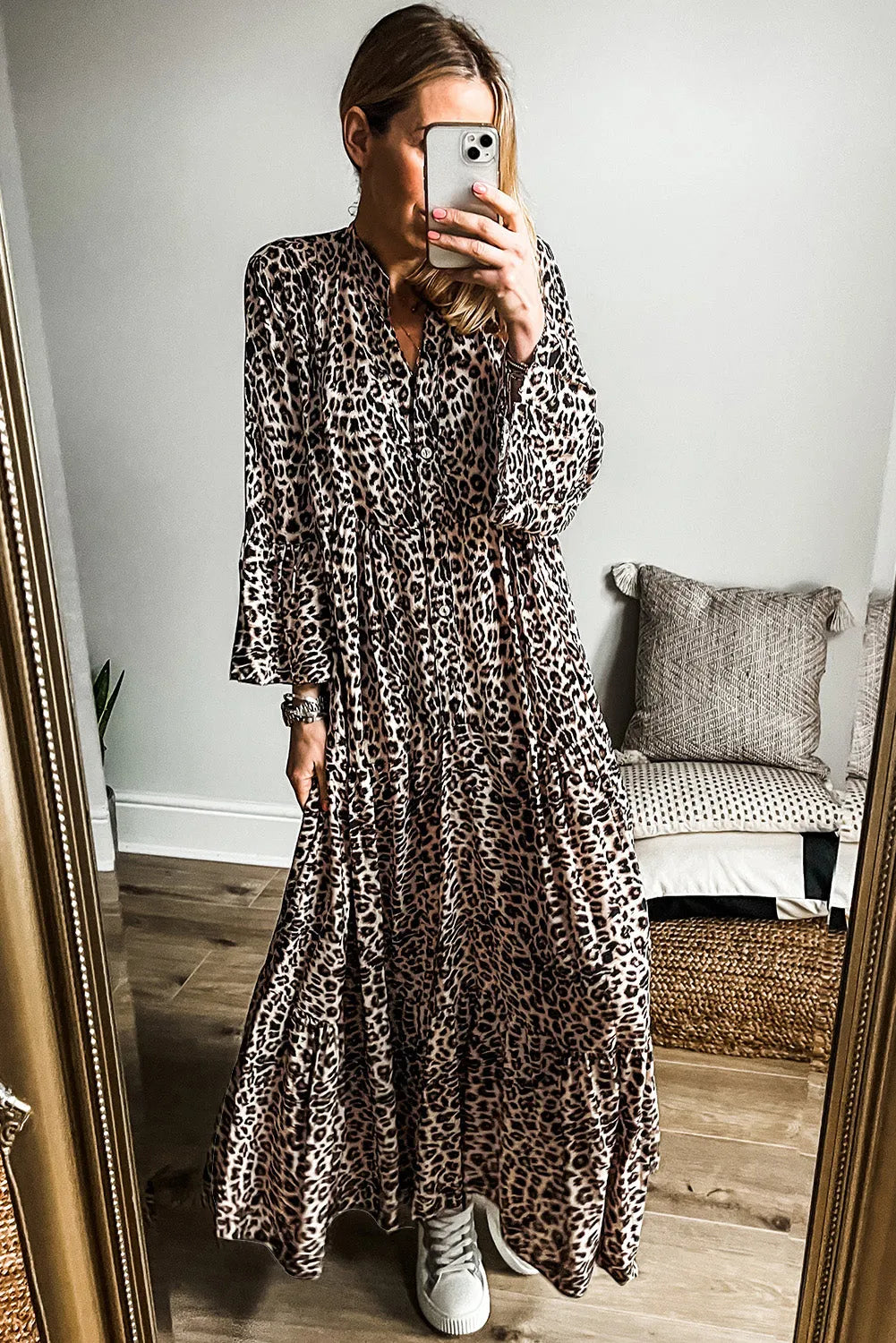 Apricot Leopard Print Tiered Wide Sleeve Maxi Dress - Chic Meadow Boutique 