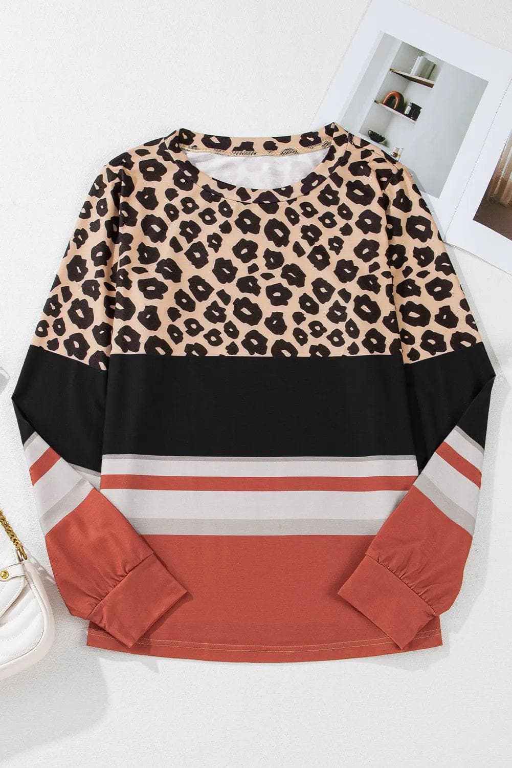 Tops/Long Sleeve Tops Khaki Leopard Color Block Crewneck Long Sleeve Top