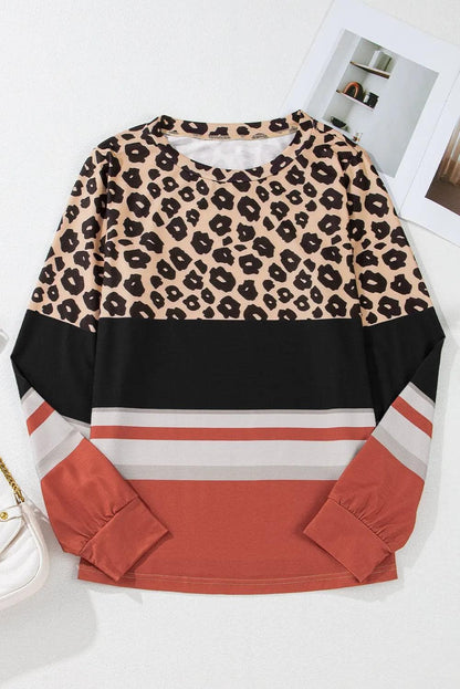 Tops/Long Sleeve Tops Khaki Leopard Color Block Crewneck Long Sleeve Top