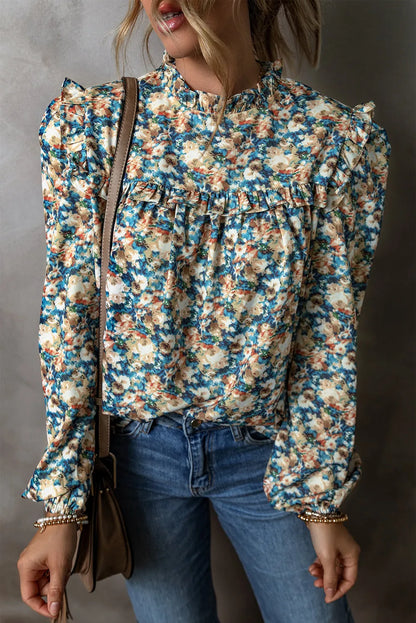 Sky Blue Floral Print Frilled Mock Neck Puff Sleeve Blouse - Chic Meadow Boutique 