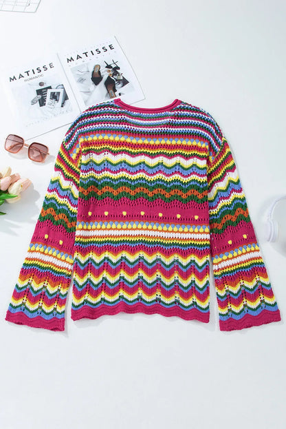 Rose Red Colorblock Striped Hollowed Knit Loose Sleeve Sweater - Chic Meadow Boutique 