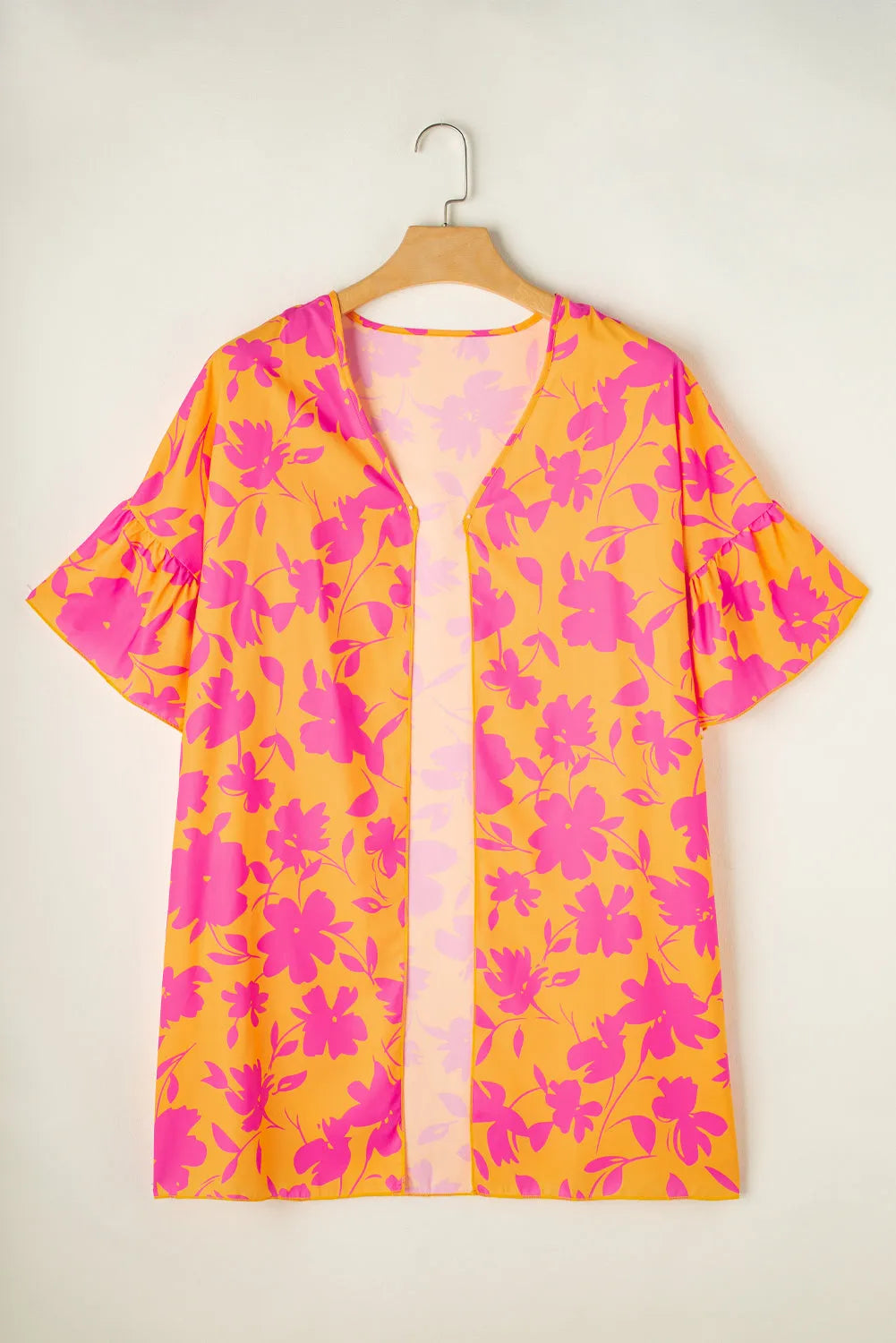 Orange Ruffled 3/4 Sleeve Floral Kimono - Chic Meadow Boutique 