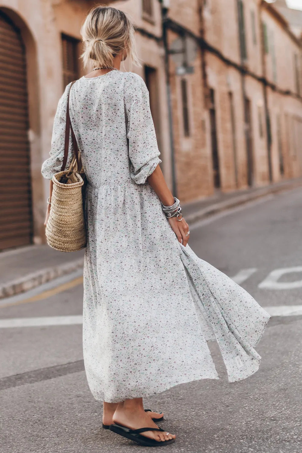 Multicolor Printed Tie V Neck Loose Long Sleeve Split Dress - Chic Meadow Boutique 