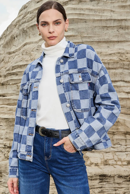 Light Blue Checkered Patchwork Button up Denim Jacket - Chic Meadow Boutique 