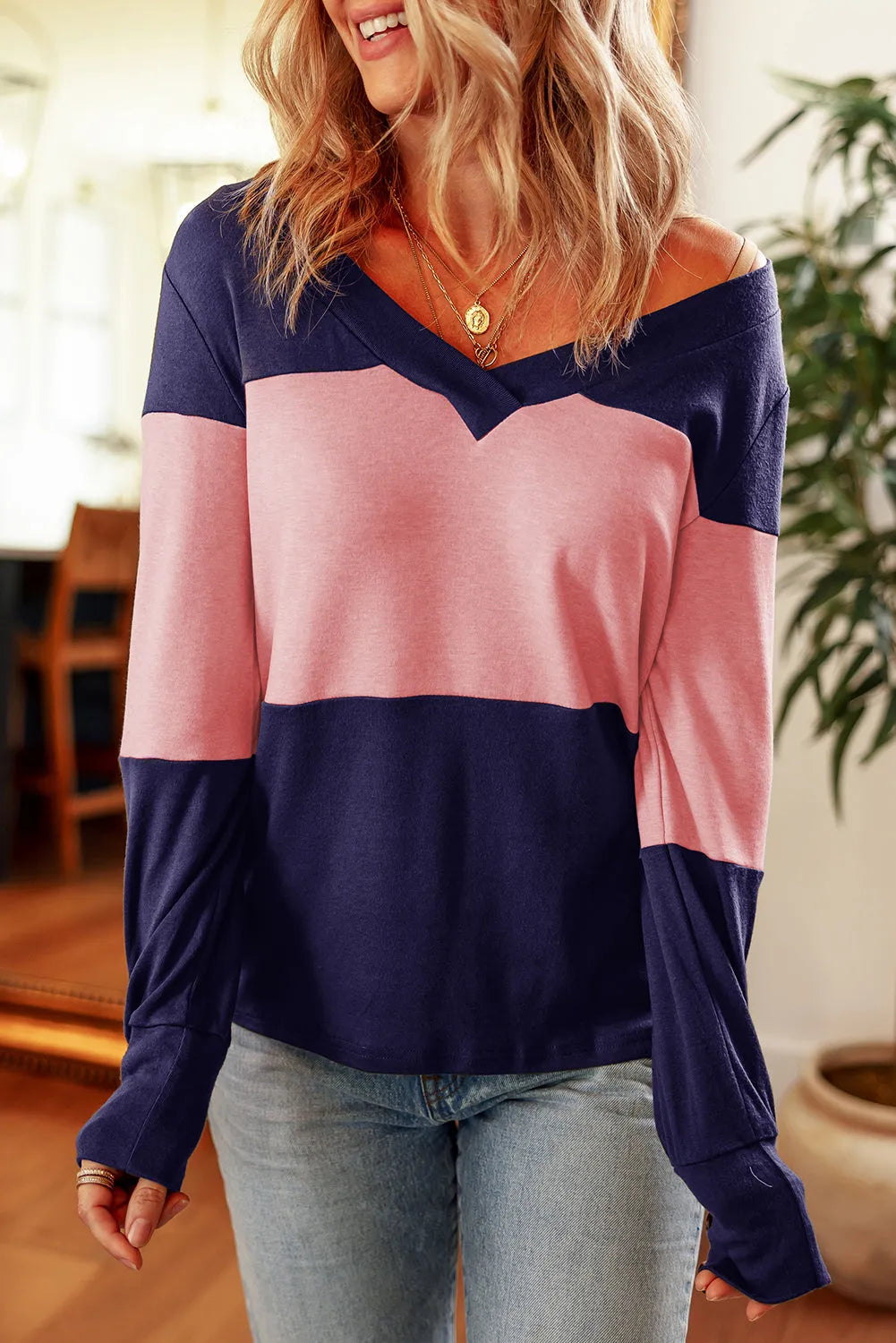 Blue Stripe Colorblock Button Decor Long Sleeve V Neck Top - Chic Meadow Boutique 