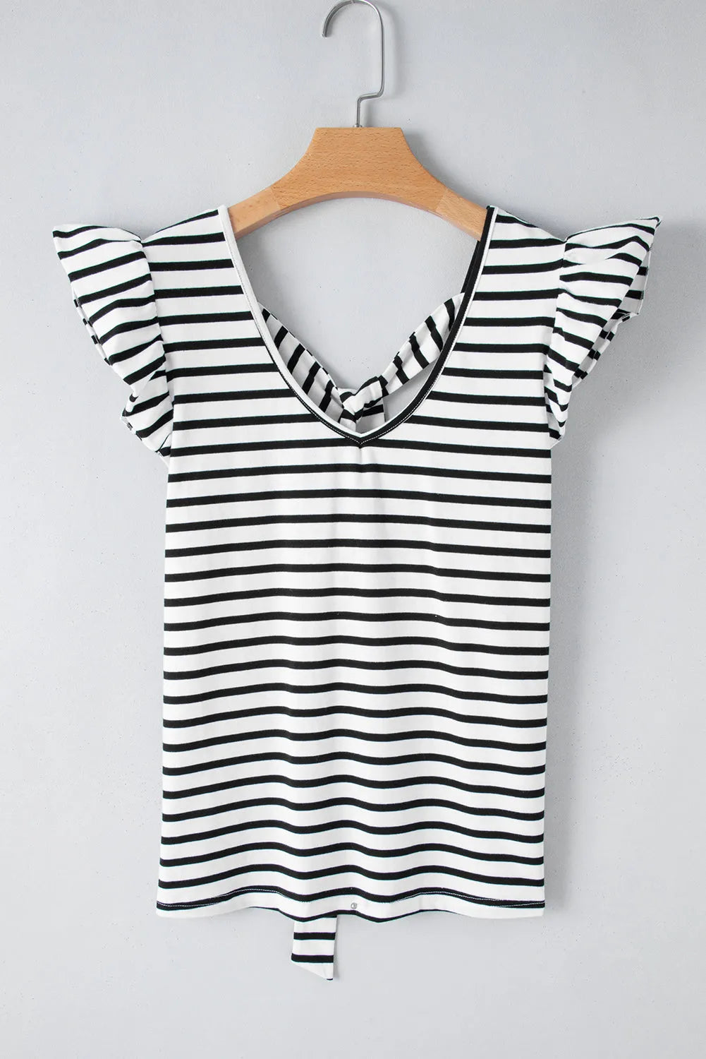 White Stripe Butterfly Sleeve V Neck Hollowed Knot Back T Shirt - Chic Meadow Boutique 