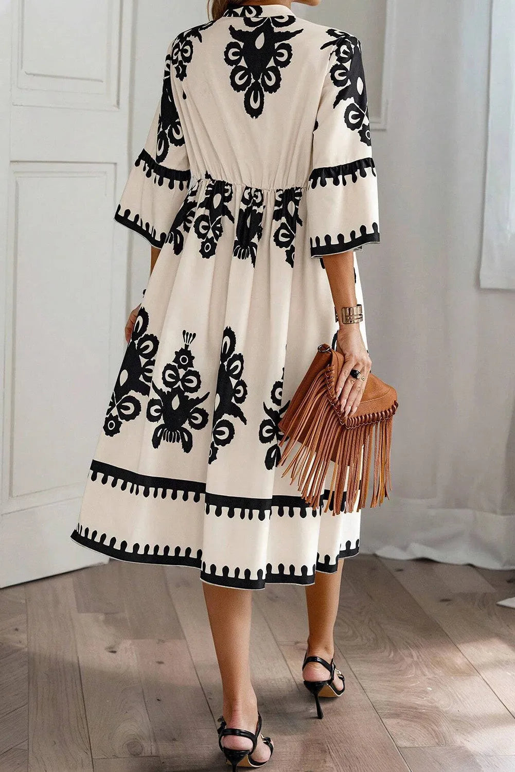 Beige Western Geometric Print 3/4 Sleeve Loose Midi Dress - Chic Meadow Boutique 