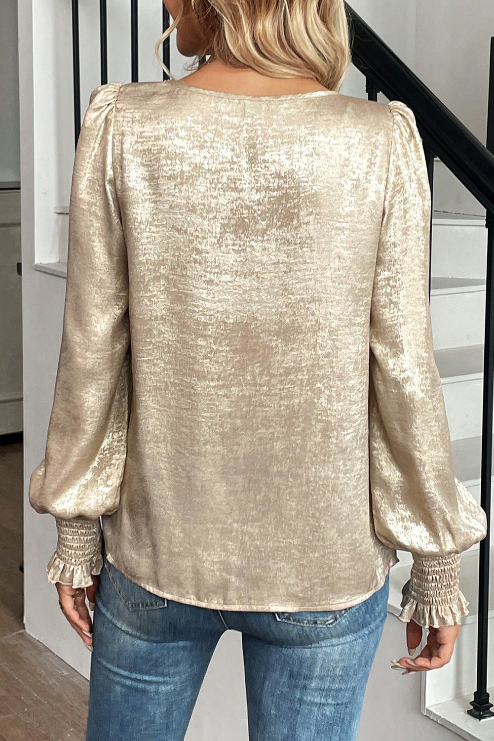Apricot Metallic Round Neck Smocked Long Sleeve Blouse