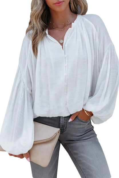 White Solid Color V Neck Balloon Sleeve Shirt - Chic Meadow Boutique 