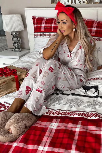 Light Grey Christmas Printed Shirt and Pants Pajama Set - Chic Meadow Boutique 