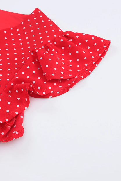 Fiery Red Polka Dot V Neck Ruffle Sleeve Dress - Chic Meadow Boutique 