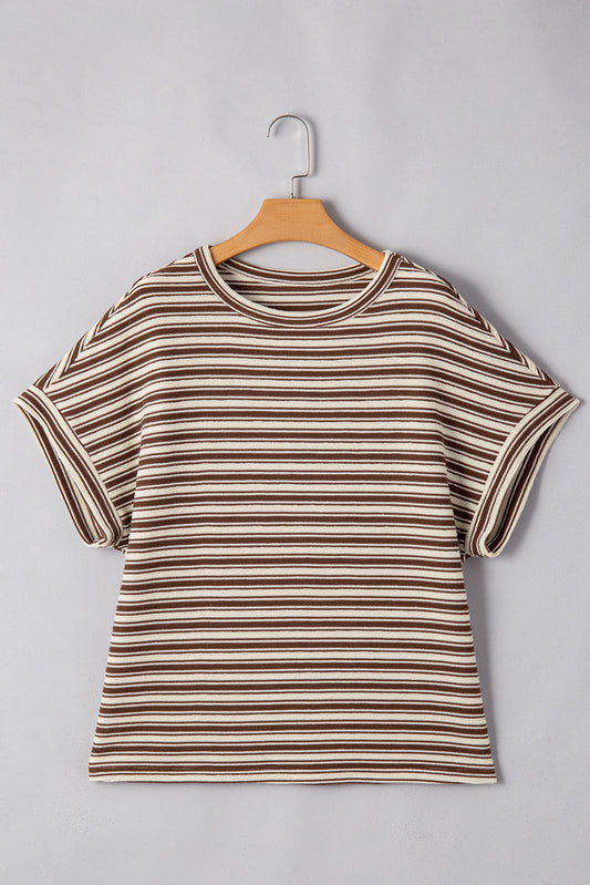 Brown Stripe Textured Side Slits Crew Neck T Shirt