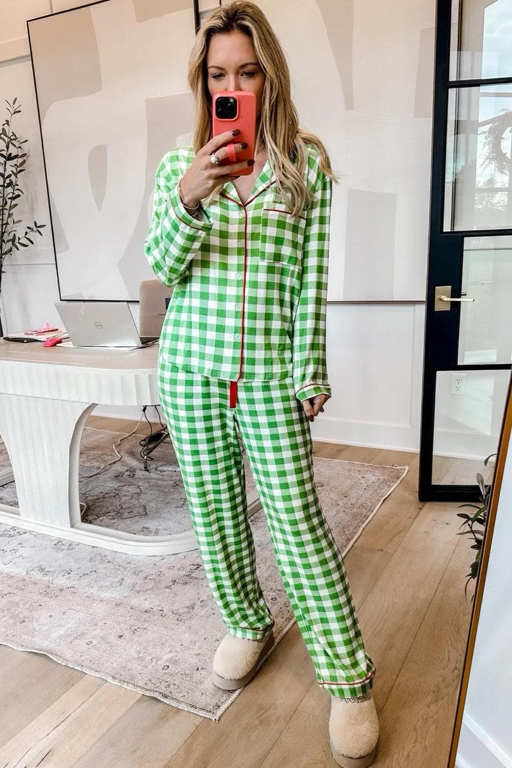 Loungewear & Sleepwear/Sleepwear Light Green Christmas Plaid Print Shirt and Pants Pajama Set