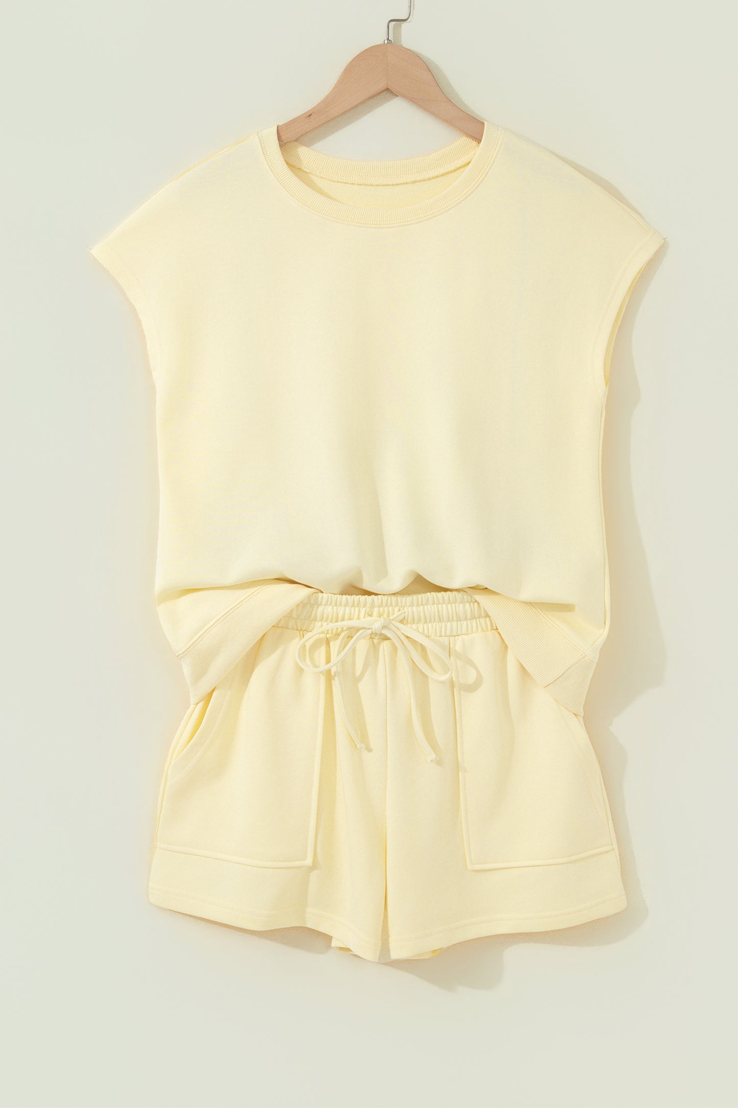 Yellow Cream Solid Color Tee Drawstring Shorts Comfy 2pcs Set