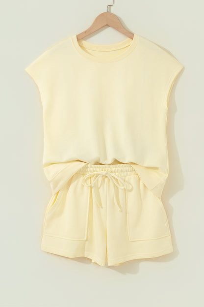 Yellow Cream Solid Color Tee Drawstring Shorts Comfy 2pcs Set