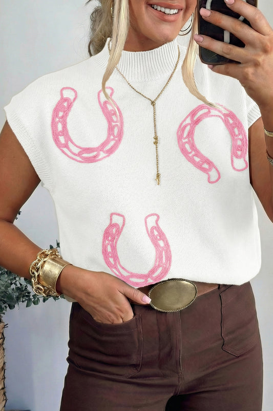 White Corded Horseshoes Ribbed Trim Mock Neck Short Sleeve Sweater