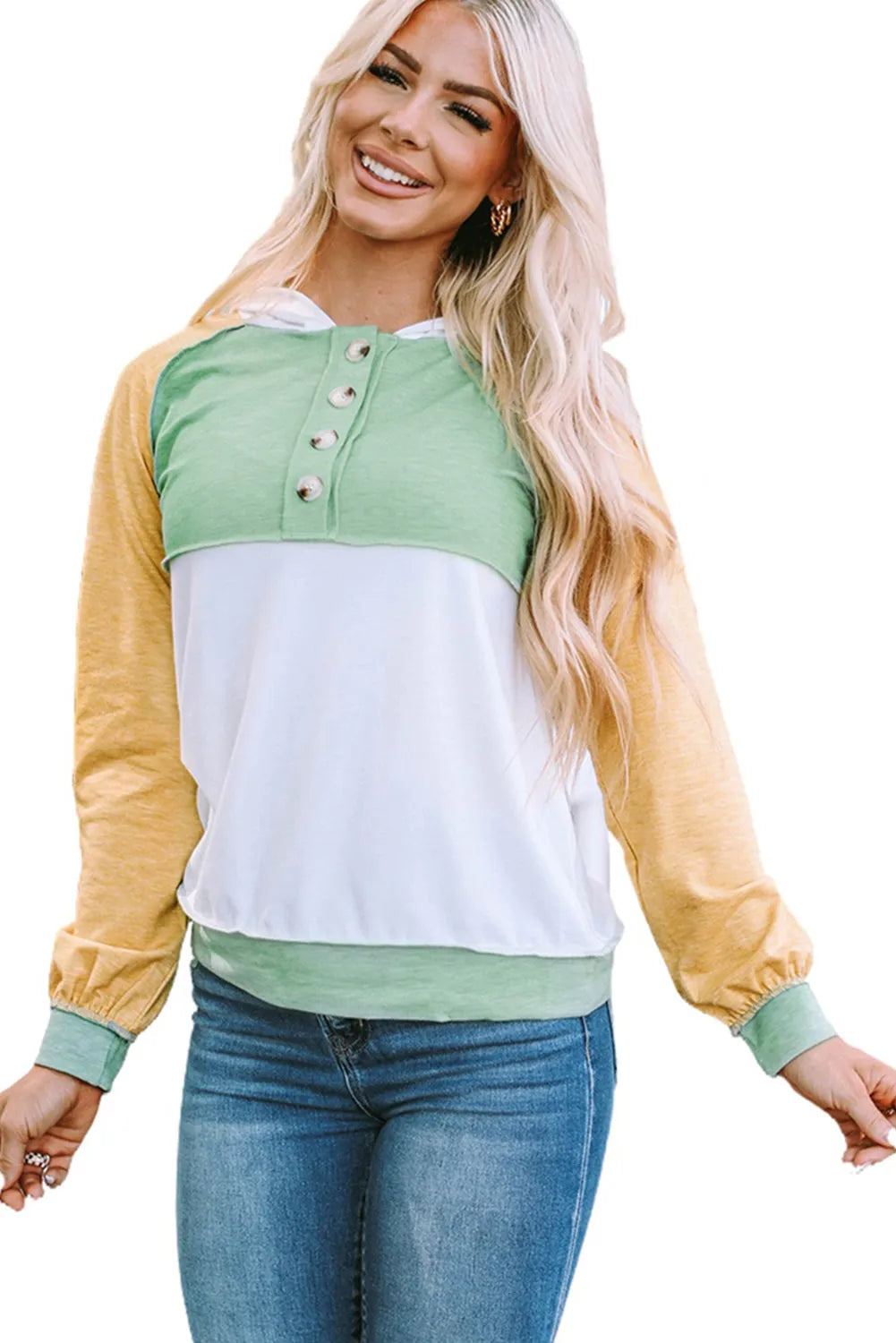 Yellow Colorblock Button Accent Pullover Hoodie - Chic Meadow Boutique 