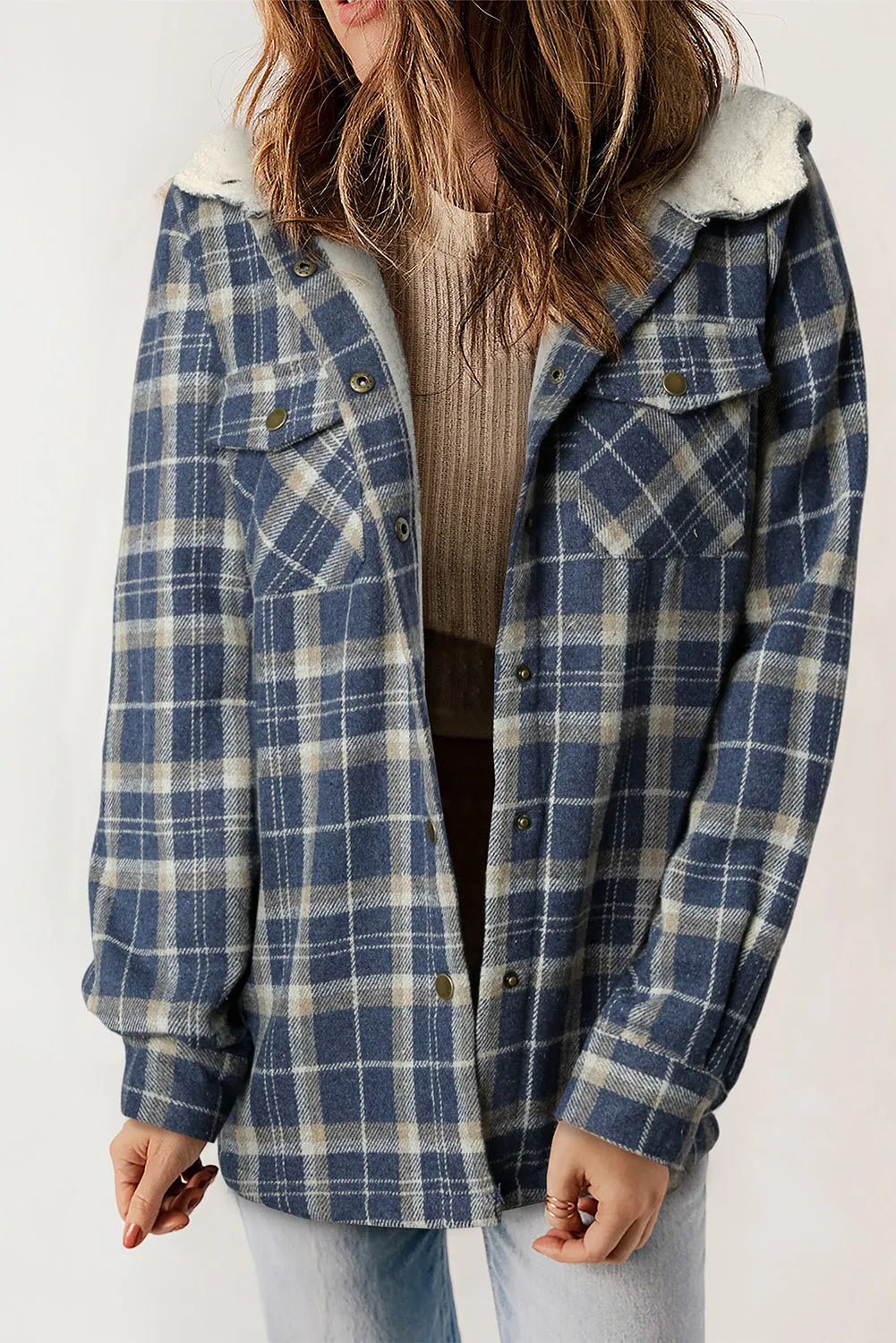 Blue Plaid Pattern Sherpa Lined Hooded Shacket - Chic Meadow Boutique 