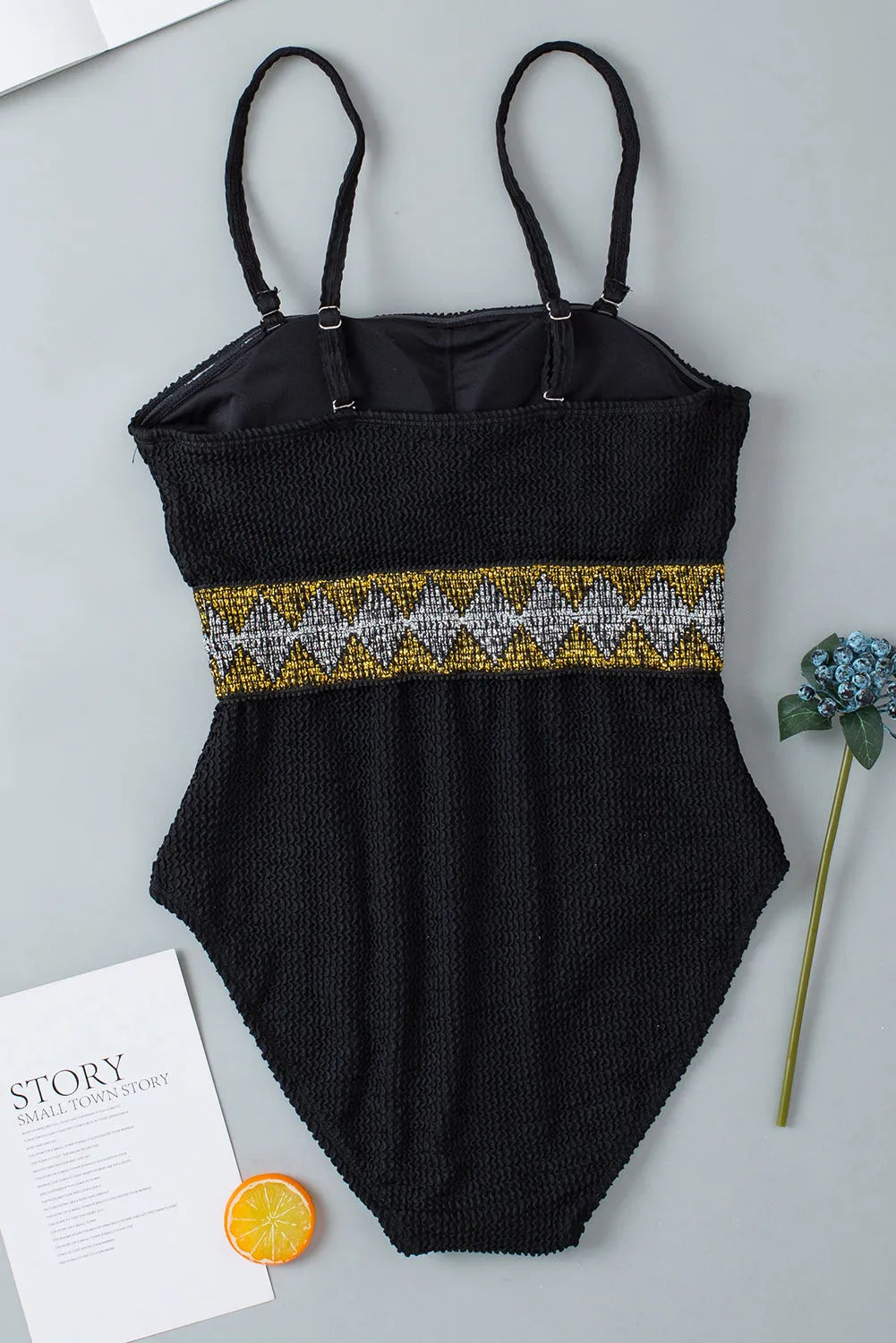 Black Geometric Trim High Waist Strapless One Piece Swimsuit - Chic Meadow Boutique 