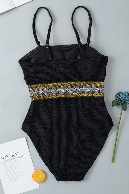 Black Geometric Trim High Waist Strapless One Piece Swimsuit - Chic Meadow Boutique 