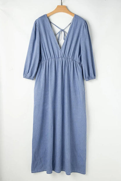 Dresses/Maxi Dresses Myosotis Chambray Deep V Neck Bracelet Sleeve Maxi Dress