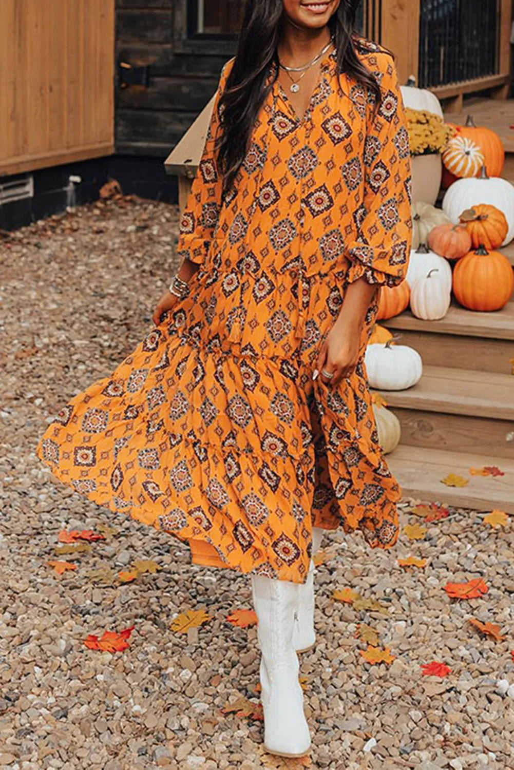 Dresses/Midi Dresses Orange / S / 100%Polyester Orange Western Geometric Print Tiered Frilled Loose Fit Midi Dress