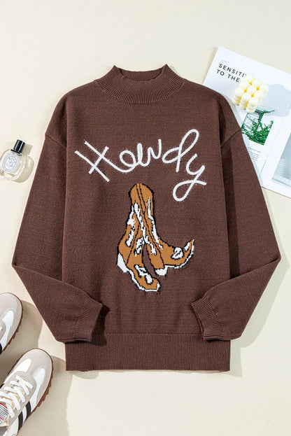 Coffee Western Howdy Boot Graphic High Neck Sweater - Chic Meadow Boutique 