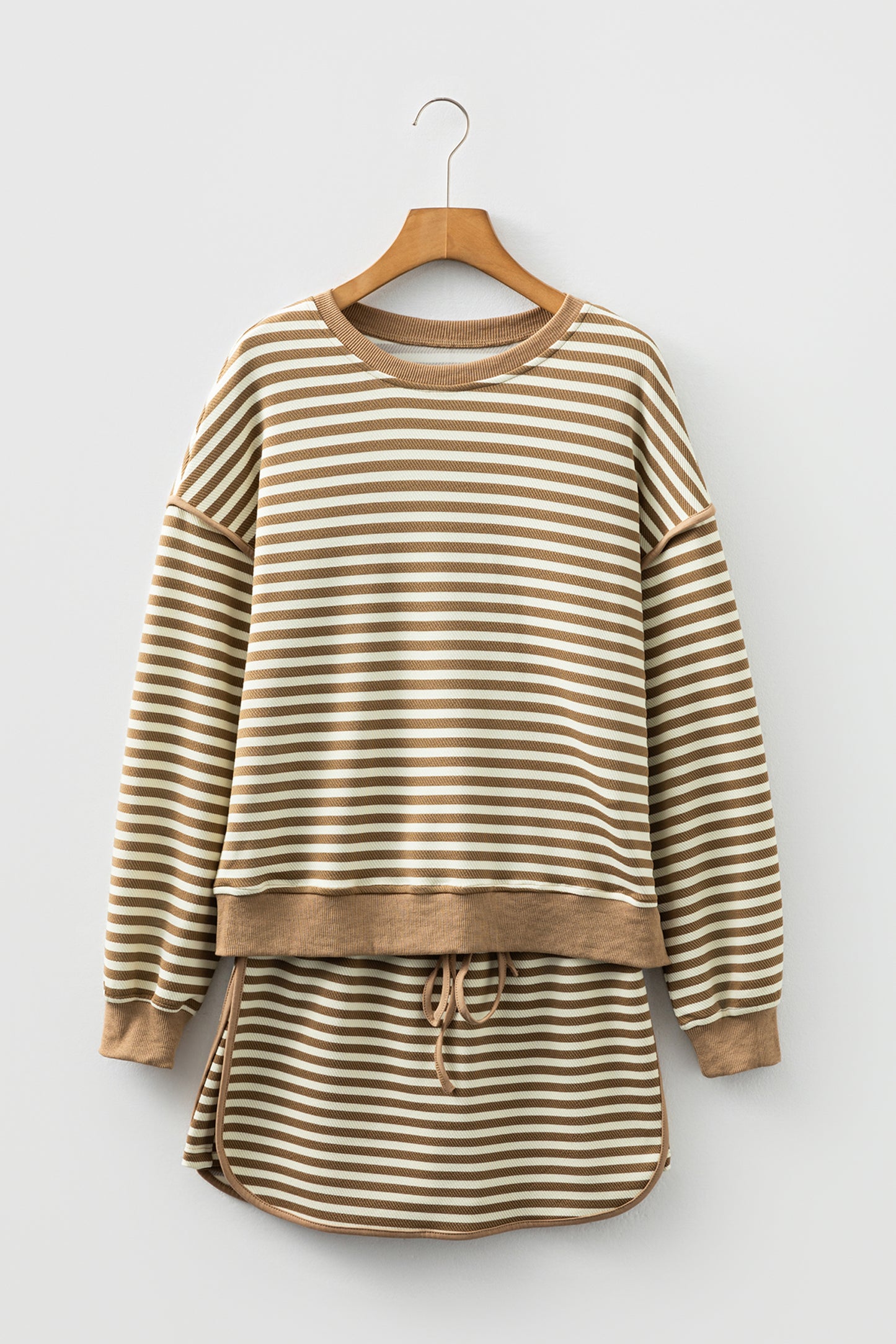 Brown Stripe Textured Drop Shoulder Pullover Top Drawstring Mini Skirt Two Piece Dress Set