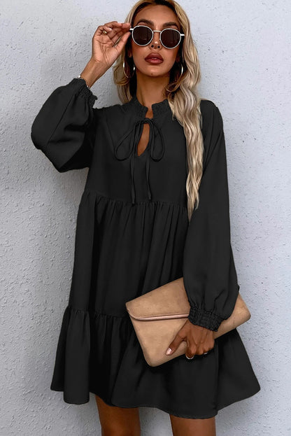 Black Tie Split Neck Smocked Detail Long Puff Sleeve Ruffle Hem Loose Dress