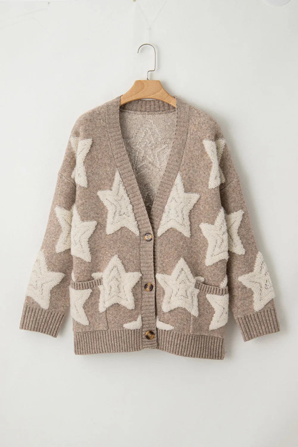 Khaki Sherpa Star Pattern Textured Sweater Cardigan with Pockets - Chic Meadow Boutique 