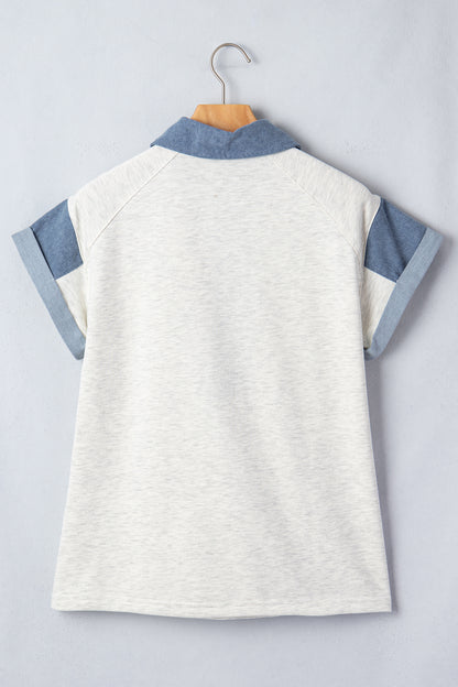 Light Grey Denim Color Block Patchwork Shirt Collar Short Sleeve Blouse