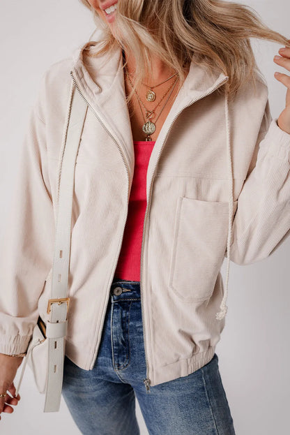 White Corduroy Drawstring Hooded Pocket Zip Up Jacket - Chic Meadow Boutique 