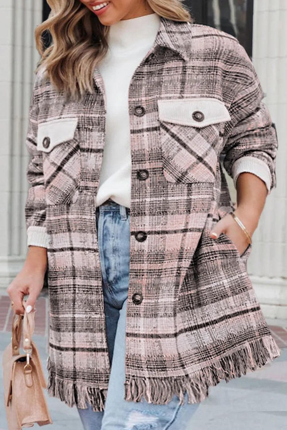 Plus Size/Plus Size Outerwear Pink Plus Size Macrame Plaid Coat