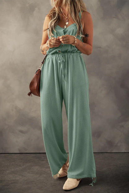 Bottoms/Jumpsuits & Rompers Moss Green / S / 95%Polyester+5%Elastane Moss Green Knotted Straps Button Textured Drawstring Jumpsuit